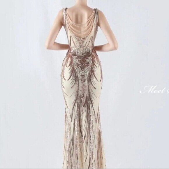 Gold, Double V, Beaded Back, Draped Skirt, Contrast Sequined Mermaid Gown - Picture 5 of 16